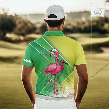 Funny Pink Flamingo Golf Polo Shirts for Men Custom Flamingo mens golf outfit | Green NQS11746