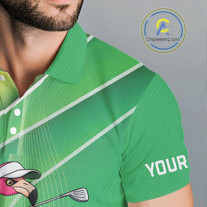 Funny Pink Flamingo Golf Polo Shirts for Men Custom Flamingo mens golf outfit | Green NQS11746