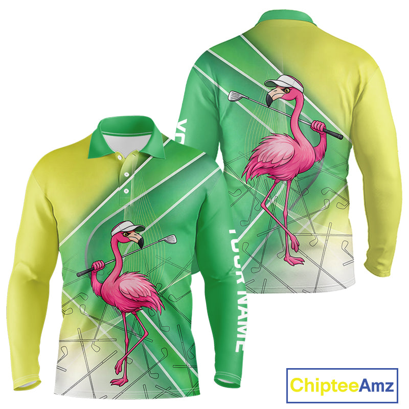 Funny Pink Flamingo Golf Polo Shirts for Men Custom Flamingo mens golf outfit | Green NQS11746
