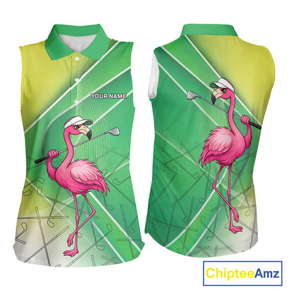 Funny Pink Flamingo Sleeveless Golf Polo Shirts for Women Custom Flamingo ladies golf outfit | Green NQS11746