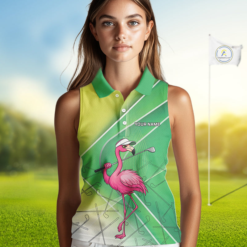 Funny Pink Flamingo Sleeveless Golf Polo Shirts for Women Custom Flamingo ladies golf outfit | Green NQS11746