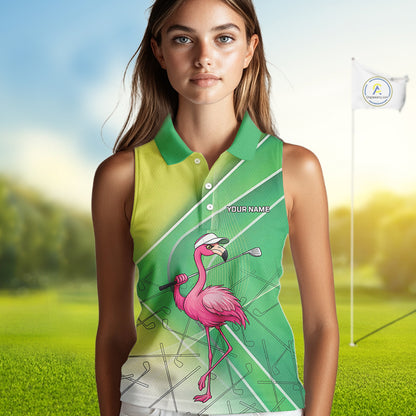 Funny Pink Flamingo Sleeveless Golf Polo Shirts for Women Custom Flamingo ladies golf outfit | Green NQS11746