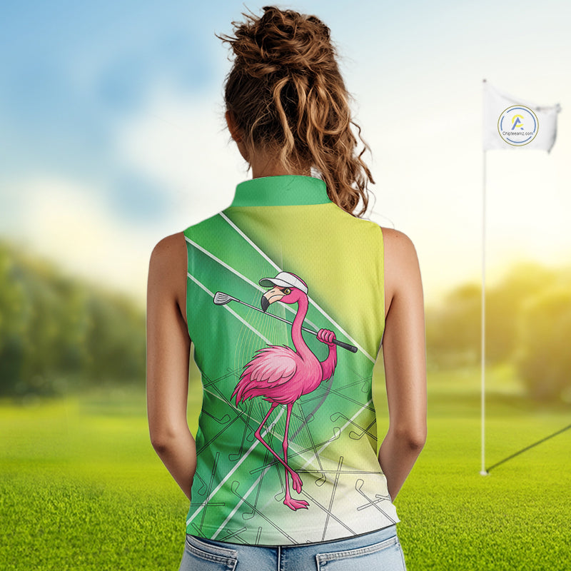 Funny Pink Flamingo Sleeveless Golf Polo Shirts for Women Custom Flamingo ladies golf outfit | Green NQS11746