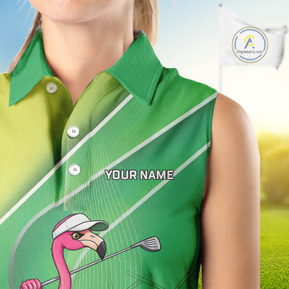 Funny Pink Flamingo Sleeveless Golf Polo Shirts for Women Custom Flamingo ladies golf outfit | Green NQS11746