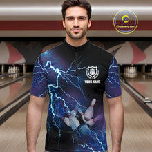 Load image into Gallery viewer, Men&#39;s bowling Quarter Zip shirts Custom blue lightning thunder Bowling Team Jersey, gift for Bowlers NQS5244