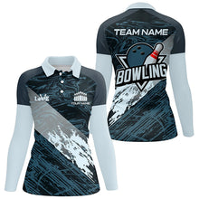 Load image into Gallery viewer, Blue camo bowling ball and pins custom Womens Bowling Polo Shirts, gift for team bowlers NQS7481