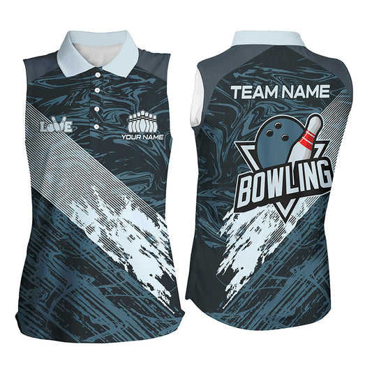 Blue camo bowling ball and pins custom Women Bowling sleeveless Polo Shirts, gift for team bowlers NQS7481