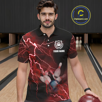 Mens polo bowling shirts Custom red lightning thunder Bowling Team Jersey, gift for team Bowlers NQS6145