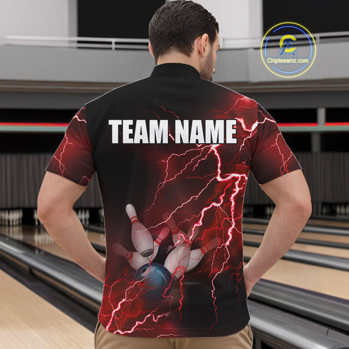 Men's bowling Quarter Zip shirts Custom red lightning thunder Bowling Team Jersey, gift for Bowlers NQS6145