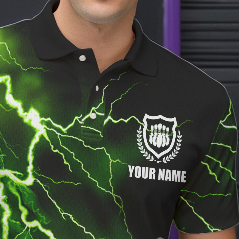 Mens polo bowling shirts Custom green lightning thunder Bowling Team Jersey, gift for team Bowlers NQS6146