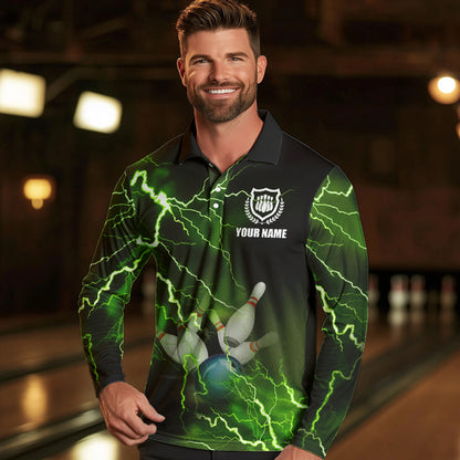 Mens polo bowling shirts Custom green lightning thunder Bowling Team Jersey, gift for team Bowlers NQS6146