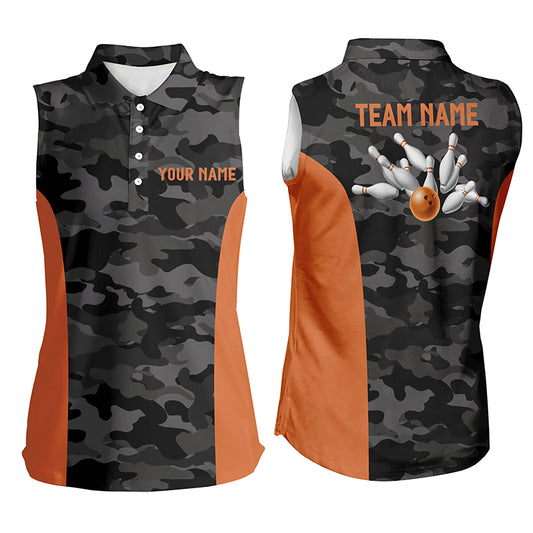 Women sleeveless polo shirts Custom gray camo Bowling Team Jersey, Bowling Team League Shirt | Orange NQS6149