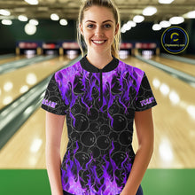 Load image into Gallery viewer, Black and Purple Flame camo Women bowling shirts Custom Flame Bowling Shirt Team Bowling Jersey NQS10666