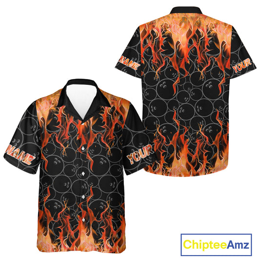 Black and Orange Flame camo Bowling Hawaiian Shirt Custom Flame Bowling Shirt Team Bowling Jersey NQS10667