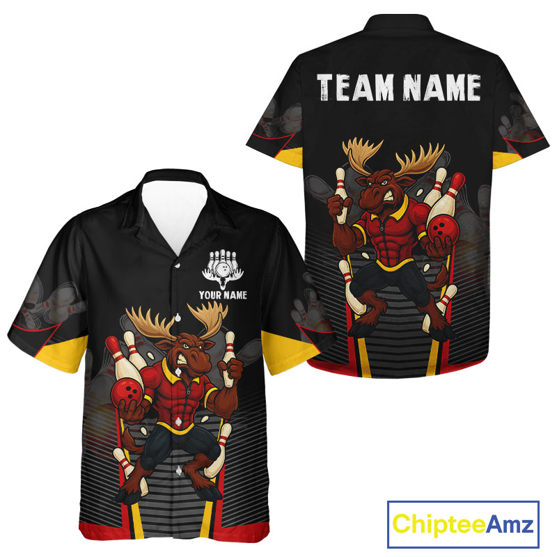 Black and Red Funny Moose Hawaiian Bowling Jerseys Custom bowling shirts for men and women NQS11064