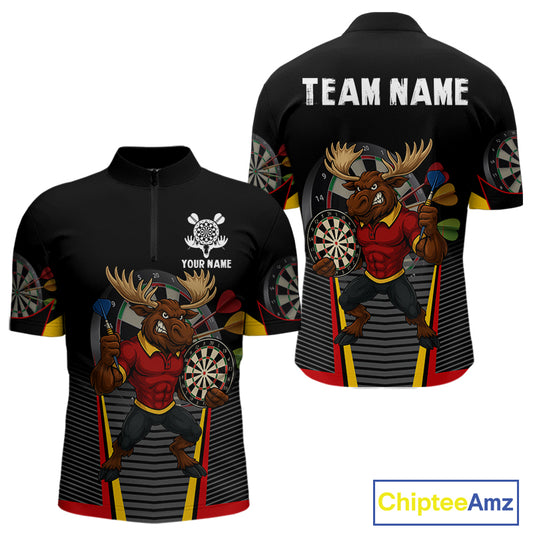 Black and Red Funny Moose Darts Polo, Quarter Zip Shirts For Men Custom Darts Team Jerseys NQS11065