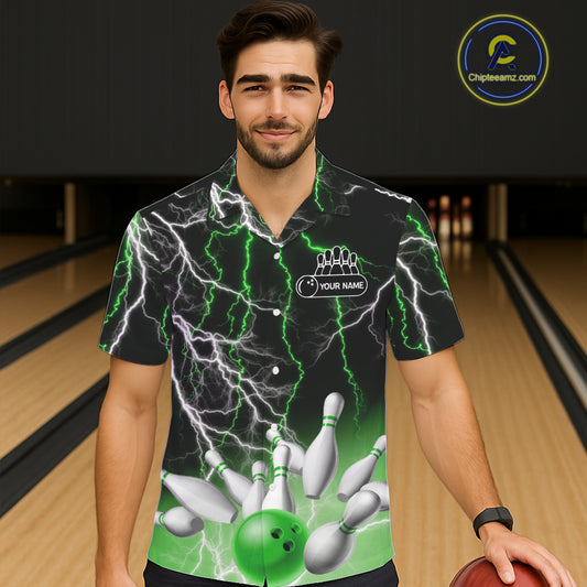 Bowling Hawaiian Shirt Custom Green lightning thunder team bowling league jerseys NQS11262