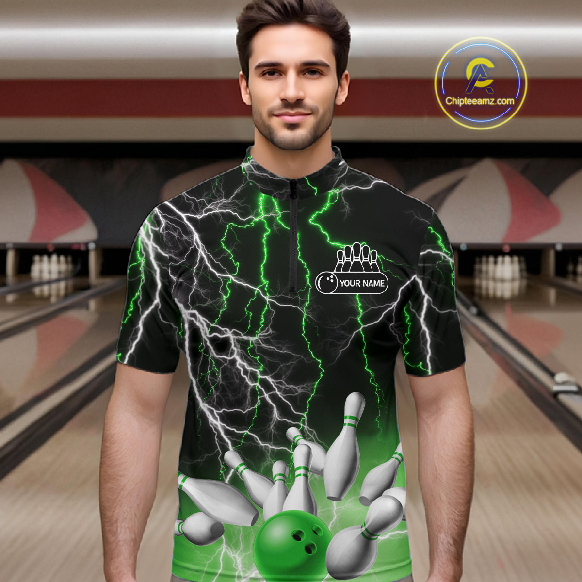Men's bowling Polo, Quarter Zip shirts Custom Green lightning thunder team bowling league jerseys NQS11262