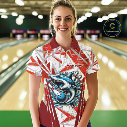 Red and White Camo Shark Bowling Team Shirt For Women Custom Shark Bowling Polo, Quarter Zip Shirt NQS11472