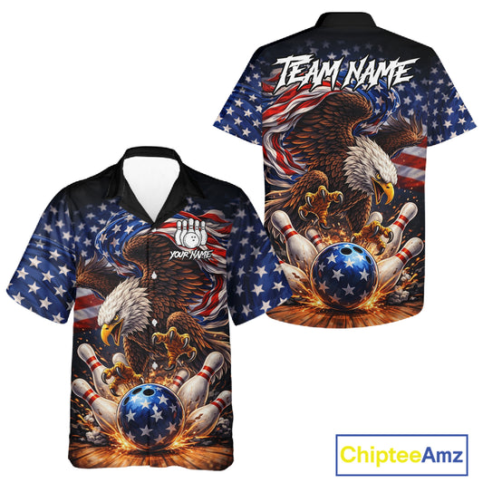 American Flag Flame Eagle Bowling Hawaiian Shirt Custom Patriotic Bowling Team Jersey NQS11748