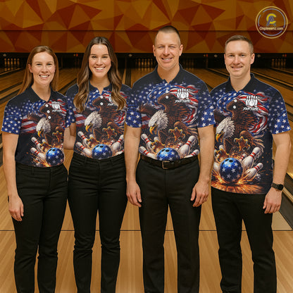 American Flag Flame Eagle Bowling Polo, 1/4 Zip Shirts For Women Custom Patriotic Bowling Team Jersey NQS11748
