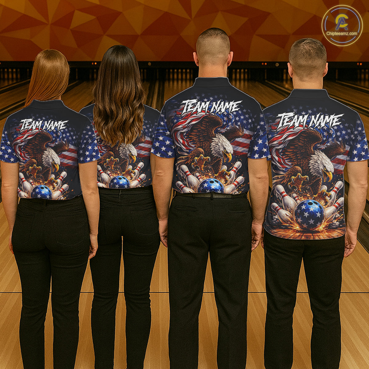 American Flag Flame Eagle Bowling Polo, 1/4 Zip Shirts For Women Custom Patriotic Bowling Team Jersey NQS11748