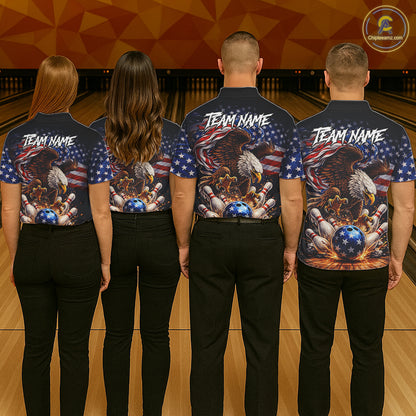 American Flag Flame Eagle Bowling Polo, 1/4 Zip Shirts For Women Custom Patriotic Bowling Team Jersey NQS11748