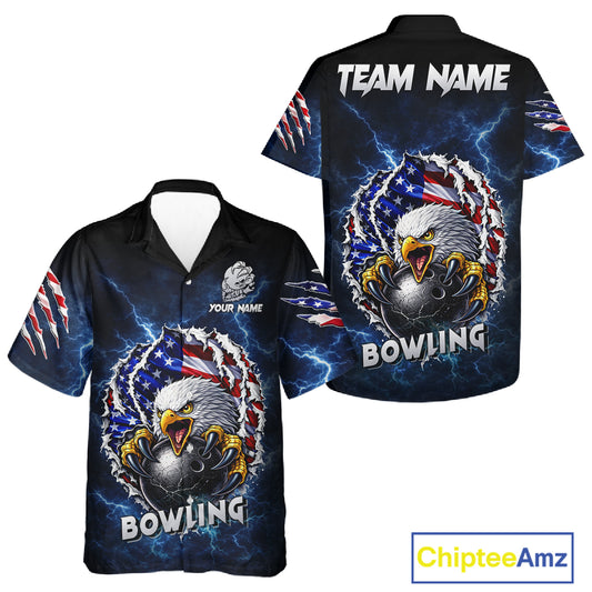 Blue Lightning Thunder US Flag Eagle Bowling Hawaiian Shirt Custom Patriotic Bowling Team Jerseys NQS11749