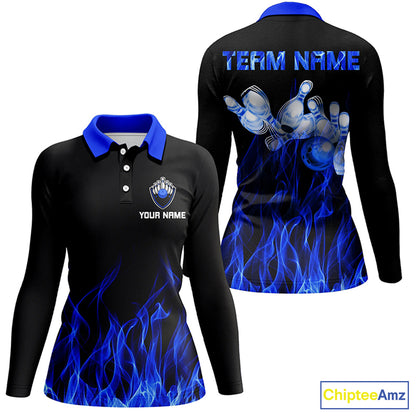 Blue personalized bowling shirt for women – custom name design side view