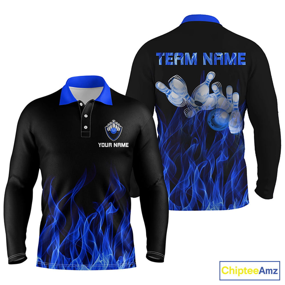 Blue personalized bowling shirt for men – custom name design side view