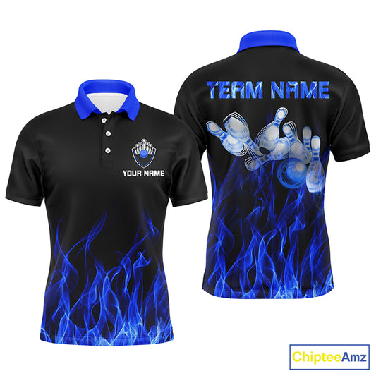 Custom Blue bowling shirt for men – personalized team jersey front view