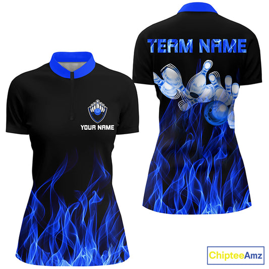 Custom Blue bowling shirt for women – personalized team jersey front view