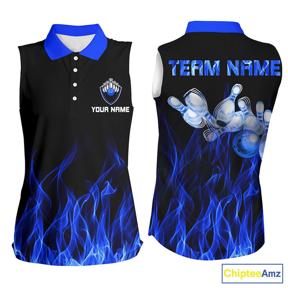 Custom Blue sleeveless bowling shirt for women – personalized team jersey front view