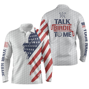 Funny Mens golf polo shirt custom American flag patriotic white golf shirts talk birdie to me NQS5755