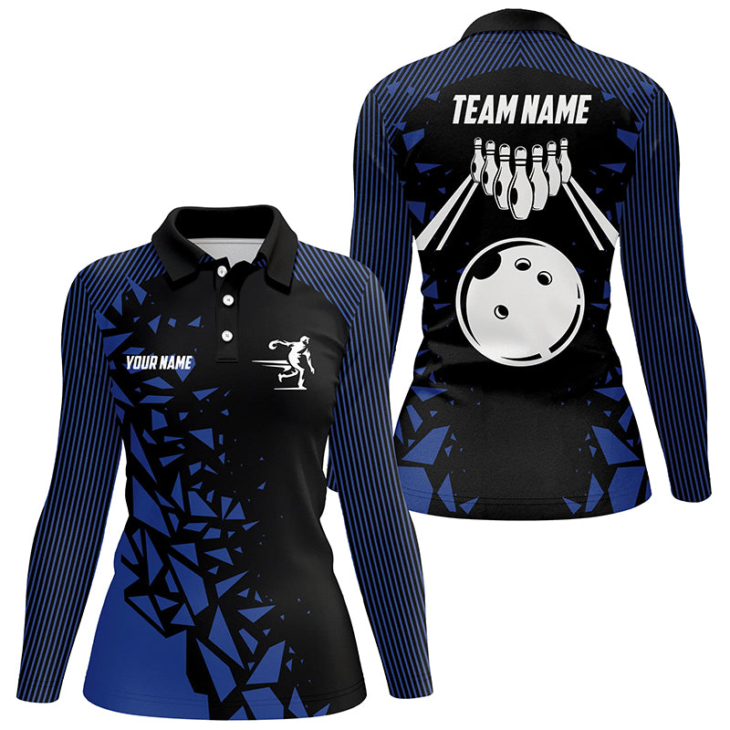 Black And Blue pattern Bowling Polo, 1/4 Quarter Zip Shirts For Women, Custom Name Bowling Team Jersey NQS7845