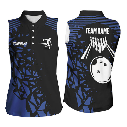 Black And Blue pattern Bowling Sleeveless Polo Shirt For Women, Custom Name Bowling Team Jersey NQS7845