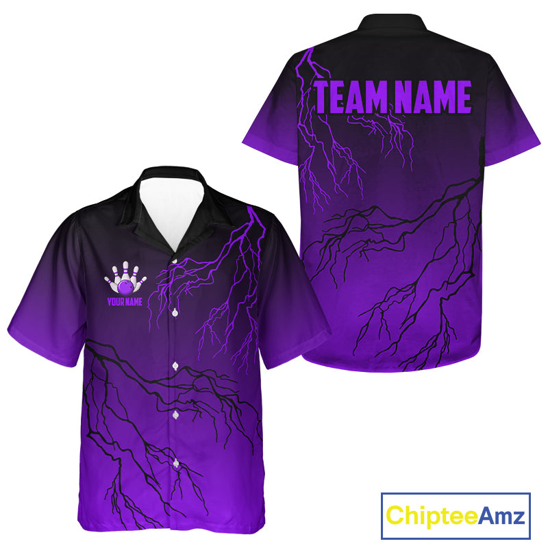 Black & Purple gradient Lightning thunder Bowling Hawaiian Shirt Custom Bowling button up shirt NQS10136