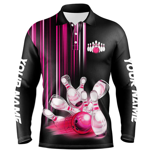 Black and pink light Men bowling Polo, Quarter Zip Shirt Custom bowling ball and pins Team jerseys NQS8067