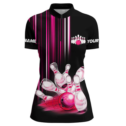 Black and pink light Women bowling Polo, Quarter Zip Shirt Custom bowling ball and pins Team jerseys NQS8067