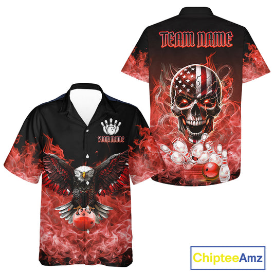 Red Flame Smoke American Flag Eagle Skull Bowling Hawaiian shirt Custom Patriotic Team Bowler Shirt NQS10279