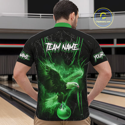 Black and Green Flame Eagle Bowling Shirt For Men Custom Team Name Bowling Jerseys For Bowlers NQS10675