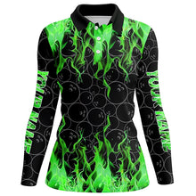 Load image into Gallery viewer, Black and Green Flame camo Womens bowling shirts Custom Flame Bowling Shirt Team Bowling Jersey NQS8963