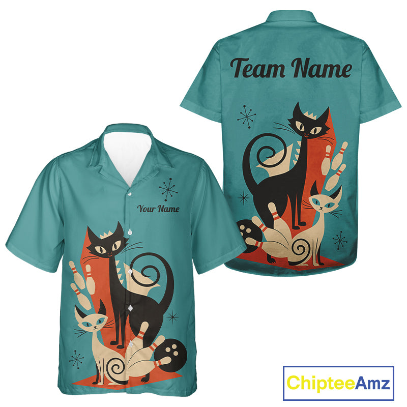 Custom retro bowling Hawaiian shirts Cat Bowling jersey Team Bowling button up Shirt | Blue NQS11072