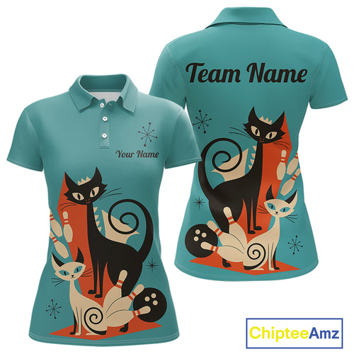Custom retro bowling shirts Cats Bowling jersey for Women Team Bowling Polo, 1/4 Zip Shirts | Blue NQS11072