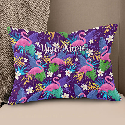 Personalized colorful floral flamingo pattern tropical leaves custom name Canvas, Linen Throw Pillow NQS7022