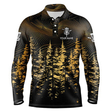 Load image into Gallery viewer, Black and Gold Forest Mens disc golf polo shirts custom disc golf apparel, best gifts for disc golfers NQS9199