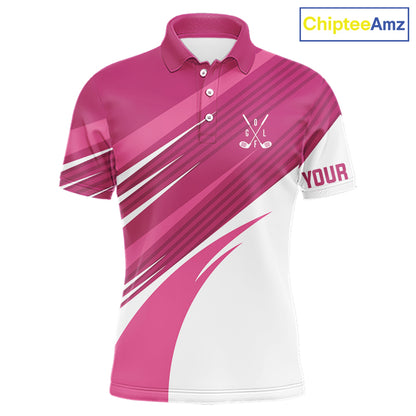 Pink and white Mens golf polo shirts custom golf tops for mens, personalized golf gifts NQS11273