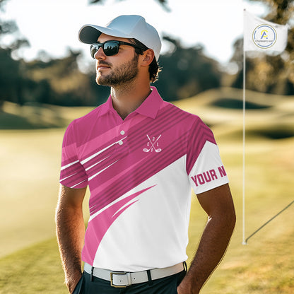 Pink and white Mens golf polo shirts custom golf tops for mens, personalized golf gifts NQS11273