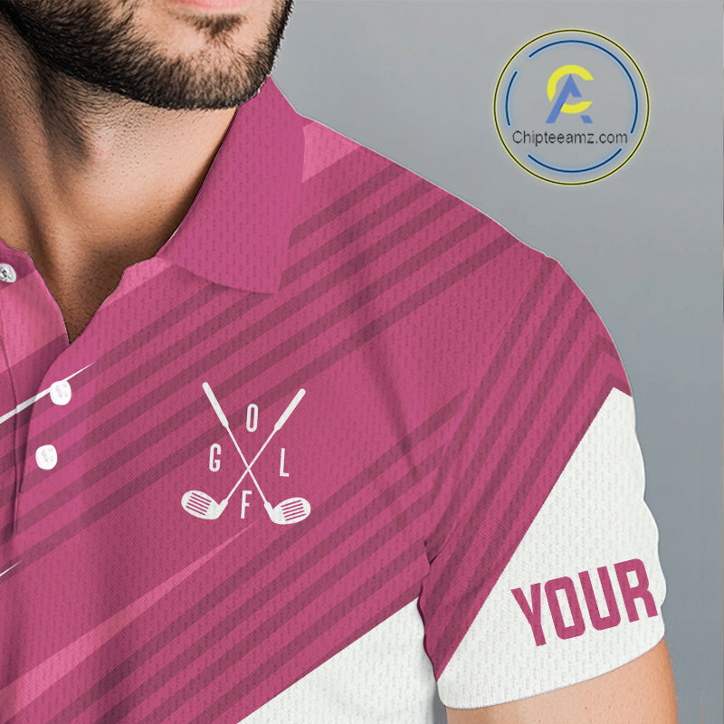 Pink and white Mens golf polo shirts custom golf tops for mens, personalized golf gifts NQS11273