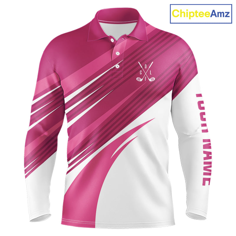 Pink and white Mens golf polo shirts custom golf tops for mens, personalized golf gifts NQS11273